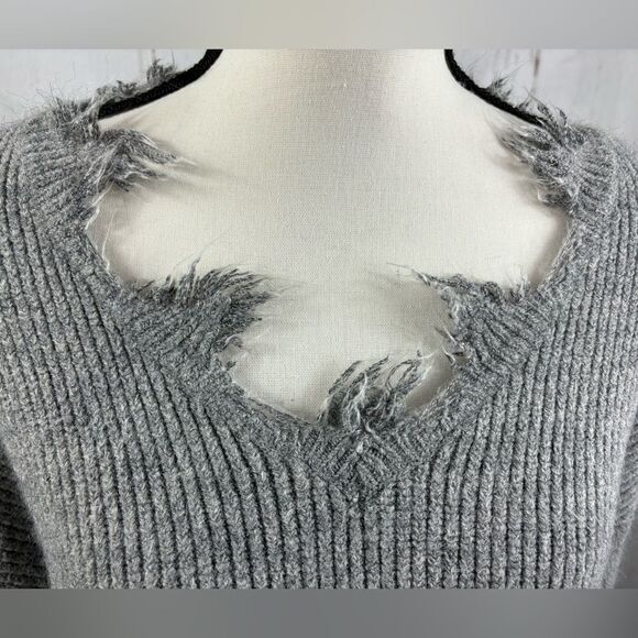Dance & Marvel Destructed Distressed Gray Sweater V Neck - Picture 2 of 8